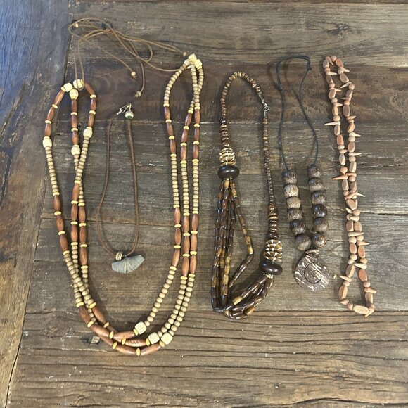 Lot of 5 Vintage Wooden Bead Necklaces | Tribal Boho Clay & Leather String - Picture 1 of 12
